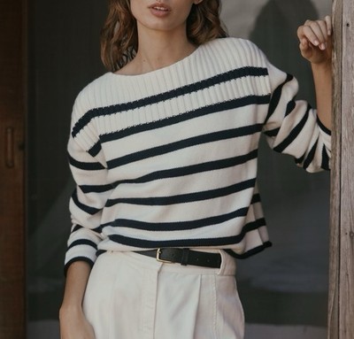 The White Company Pullover mit hohem Wollanteil bretonischen Streifen weiß/marine Small