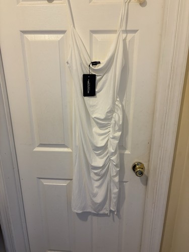 PRETTYLITTLETHING White Satin Ruched Cowl Neck Slip Midi Dress 8 Party