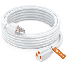 Extension Cord 12Ft White Power Indoor 16AWG Wire SJTW Heavy Duty ETL Listed