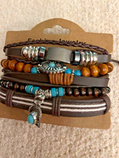 Set of 5 Bohemian style multi-layered leather bracelet with stacked beads New