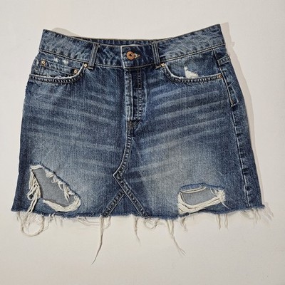 Zara Basic Z1975 Denim Jean Skirt Womens Size Small Button Fly Distressed Grunge