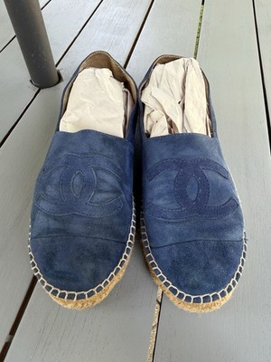 CHANEL Navy Blue Suede CC Logo Espadrilles G29762 Women's Shoes Size 39