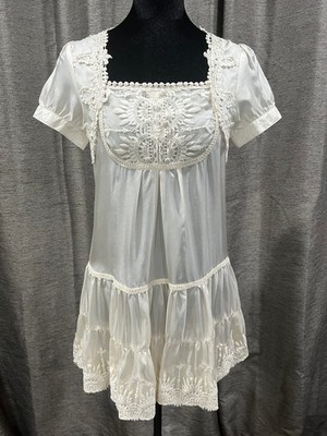NWT TWENTY ONE  Sheer Ivory applique trim dress shirred bottom tied waist size S