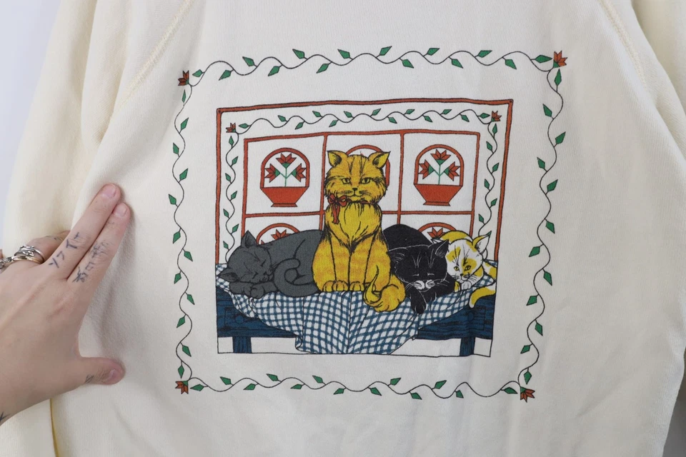 Moletom vintage anos 80 anos 90 streetwear feminino L House gato gatinho gola redonda creme EUA - Imagem 4 de 4