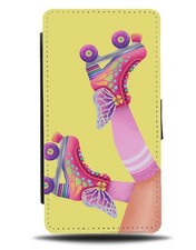 Pink Retro Roller Skates Flip Wallet Case Yello 80s Style Look Womens Girls BH54
