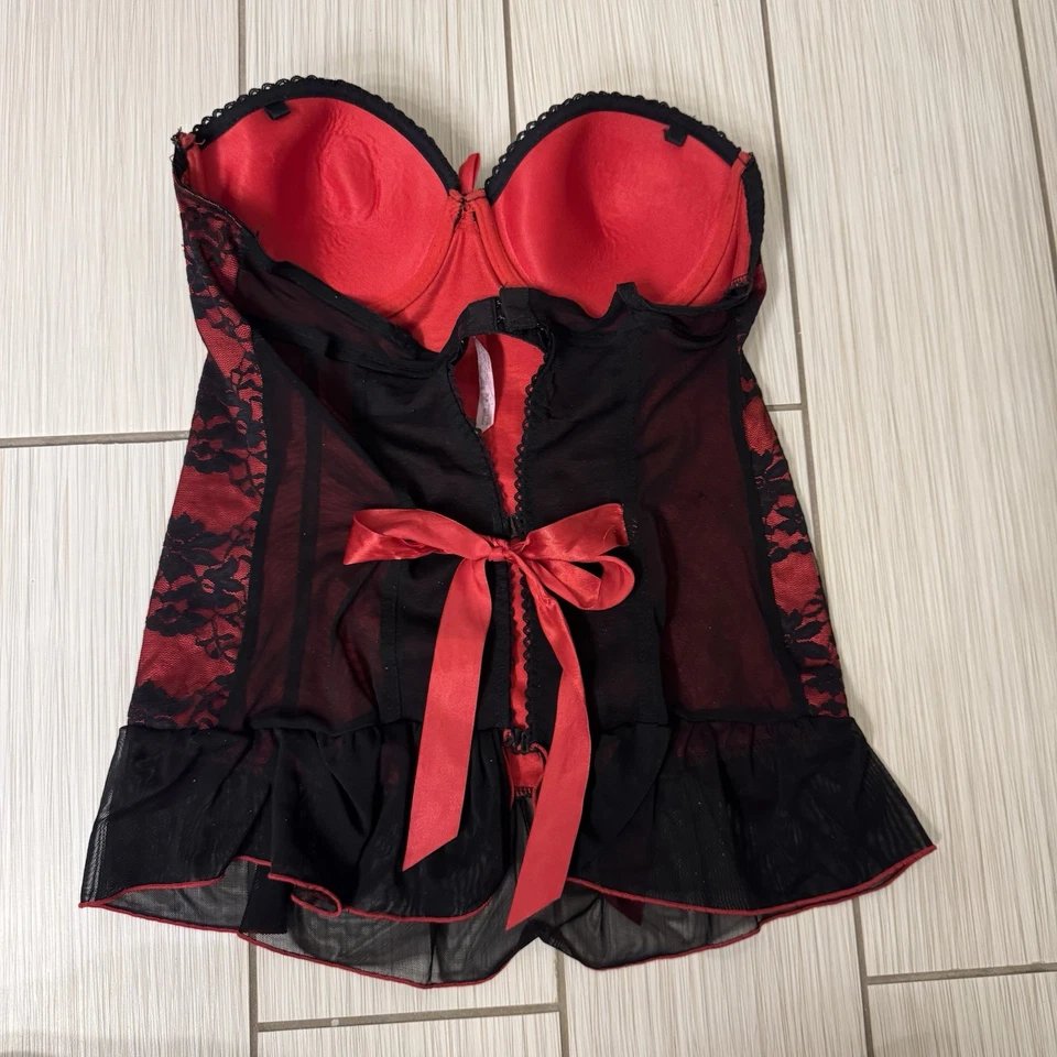 Natures Intimates Size 34C Black And Red Lace Lingerie With Bows  - Image 2 of 4