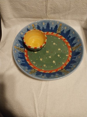 Sango Christmastime in the City Ceramic Chip & Dip Bowl Set Hand Painted Glossy
