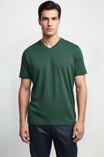 Polo Ralph Lauren Men's Heather Dark Green V-Neck Cotton Red Pony SS T-Shirt