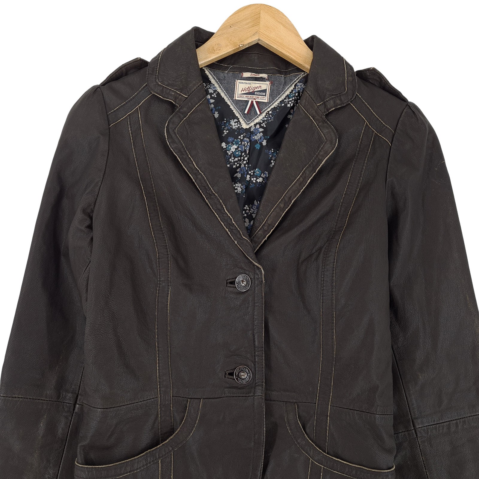 Tommy Hilfiger Leather Jacket Brown Button Up Classic Premium Women Jh9 Size S thumbnail 2