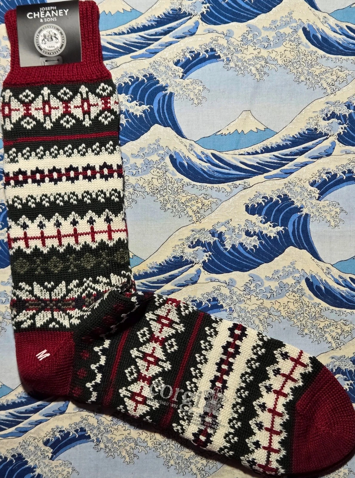 Corgi x Cheaney Mens Wool Socks Fairisle Port Green Med UK 7-9 Made Wales Chunky