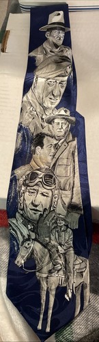 Vintage John Wayne Tie – Hand-Painted Western Art, Shimmering Blue & Silver