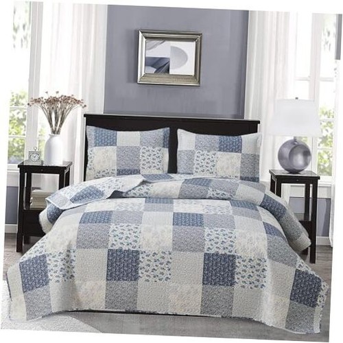 3-Piece Plaid Quilt Set Size, Lightweight Patchwork Bedspread King White Navy