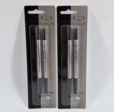 2X PARKER QUINK Rollerball Pen Ink Refills, Medium, Black, (2 Refills Per Pack)