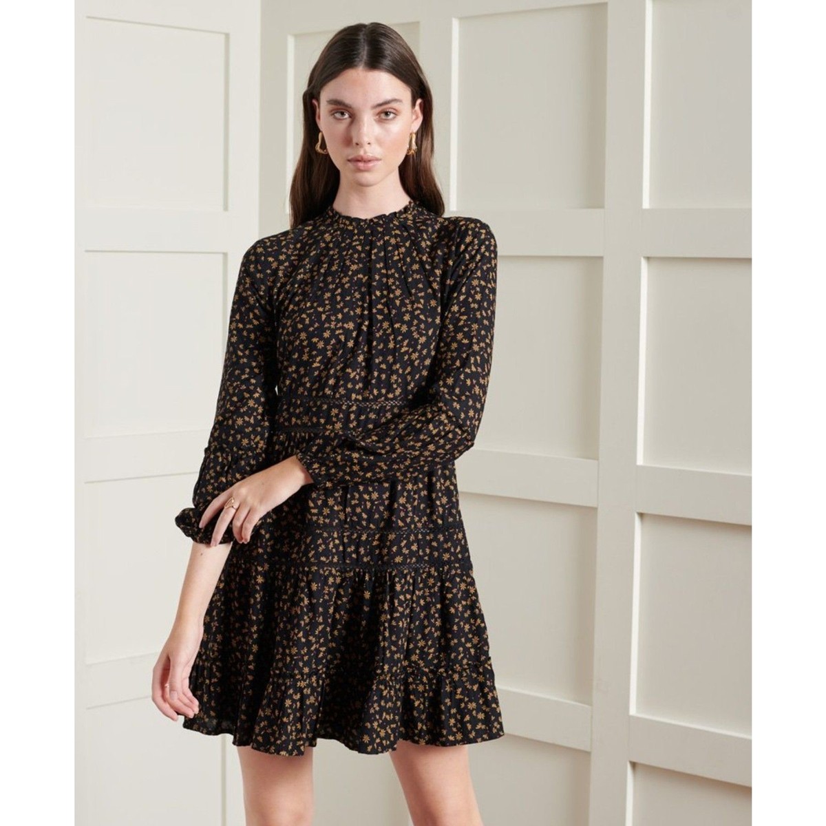 SUPERDRY Richelle Black Floral Lace Long Sleeve Pocketed Boho Mini Dress  Size 6