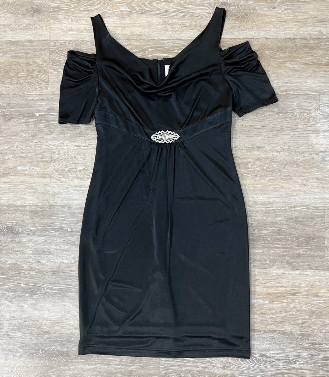 Marc Bouwer Sz 6 Black Cold Shoulder Acetate Satin Empire Waist Formal Dress