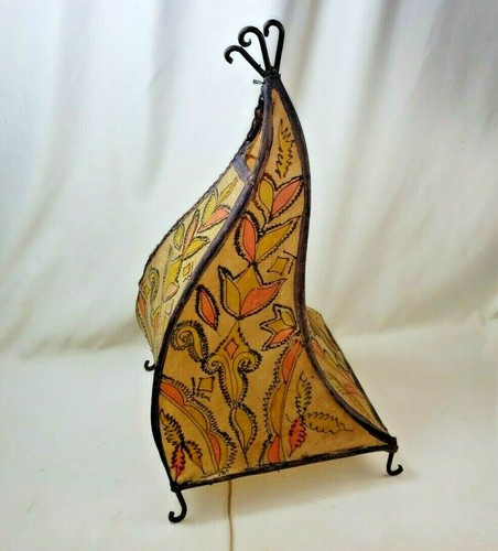 Vintage Mid Century RAW HIDE Shade Sail Cone Mosaic Design Lamp Cast Iron WORKS - Picture 3 of 12