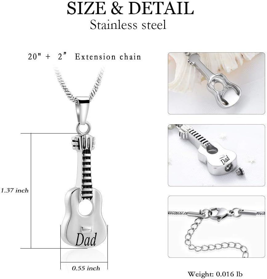 Cremation Jewelry Carved Guitar Urn Necklace for Ashes for Dad