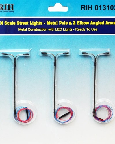 Rock Island Hobby 013102 | Luces de calle N (3) - Poste vertical con 2 brazos de codo | Condition: New