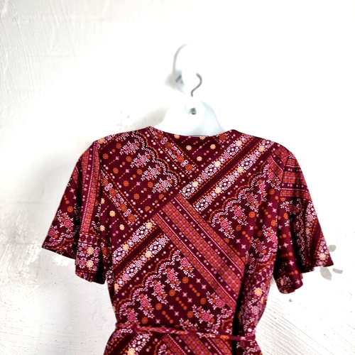 SPORTSGIRL Womens Dress Size S Burgundy Patchwork Stetch Knit Short Sleeve Wrap - Picture 6 of 11