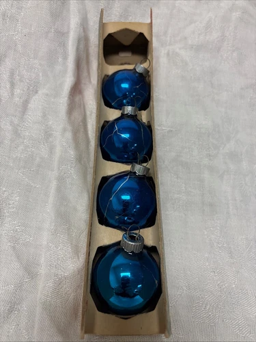 VTG BLUE SHINY BRITE Christmas Glass Ornaments , original box, Set Of 4
