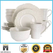 16-Piece Luna Embossed Scalloped White Stoneware Dinnerware Set (Service For 4)