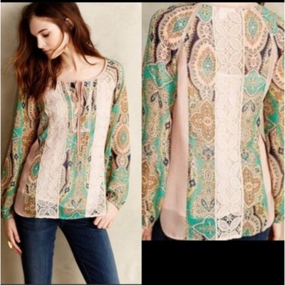 Anthropologie Meadow Rue Giada Paisley Top Green Pink Size SMALL