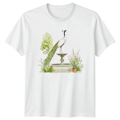 Pfau auf Brunnen Tiere Vögel Männer Frauen Grafik T-Shirt