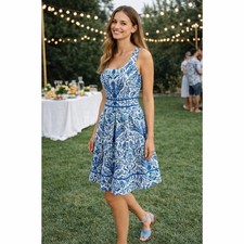 TORY BURCH RAMONA SUNDRESS FIT & FLARE LINEN SILK JACQUARD LINED SLEEVELESS 0