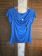 NWT Banana Republic Womens Blue Pullover Top Blouse Sz Lg Cowl Neck Capped Slvs