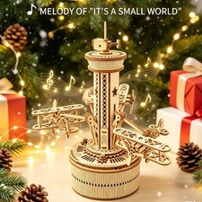 ROKR DIY 3D Airplane Control Tower Wooden Puzzle Game Music Box Toy Xmas Gift