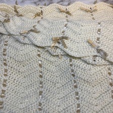 Heirloom Baby Crib Bassinet Blanket Crocheted Satin Ribbons Bows Scalloped Cream