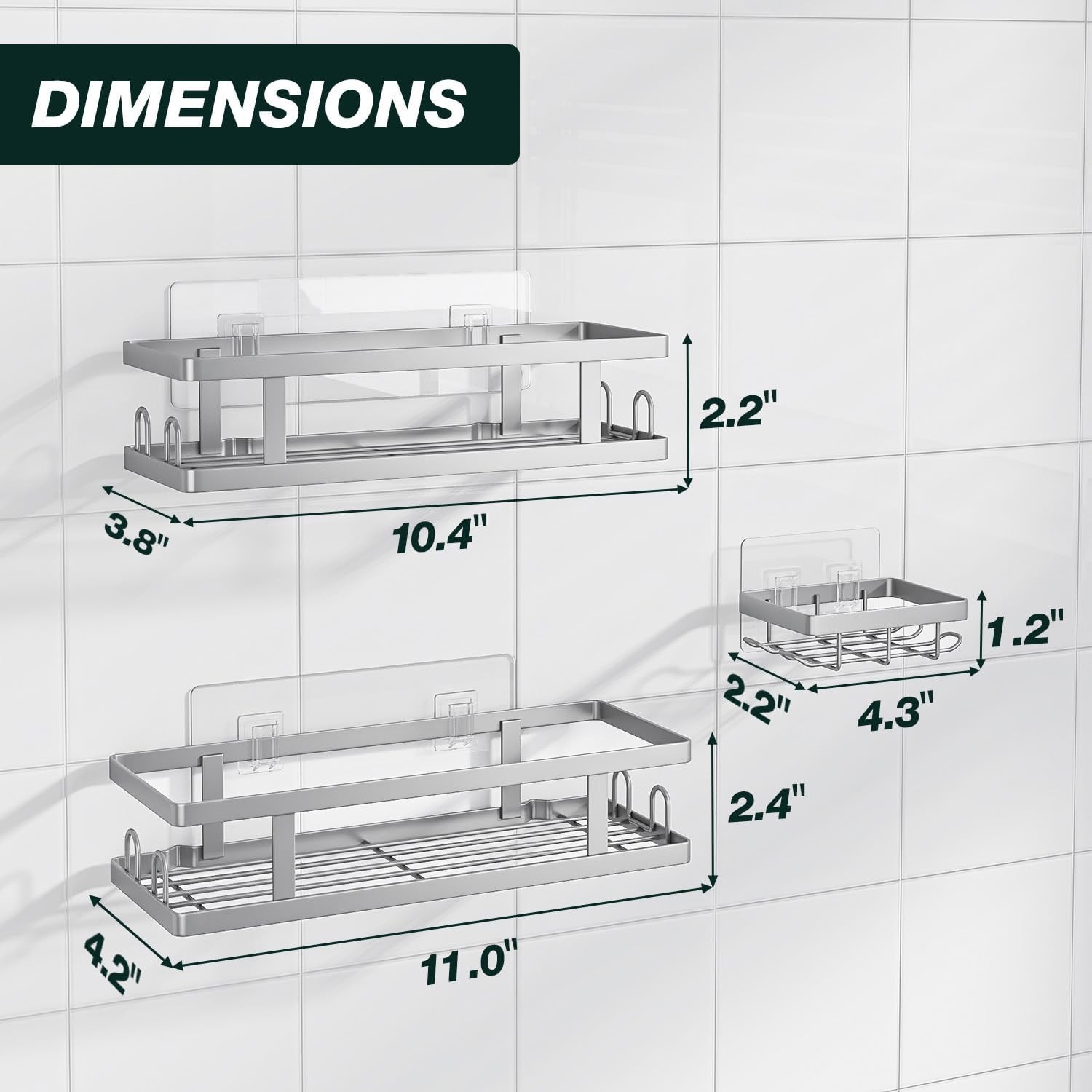 3-PC Adhesive Shower Caddy - Rustproof Shower Shelves with Soap Holder Hooks    