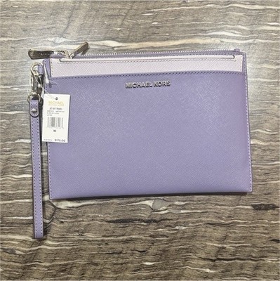 Michael Kors Purple Leather Clutch Wristlet Silver Hardware Zip Closure