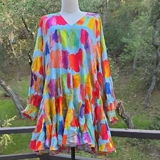NWT RHODE OLIVA LONG SLEEVE BABYDOLL DRESS IN BRUSH STROKES BLUE SIZE S