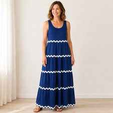 Pretty Garden Maxi Dress Large Cobalt Blue Ric Rac Trim Tiered Sleeveless NWT