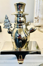 Silver Snowman Holding Christmas Tree Fireplace Stocking Hanger Holder