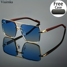 UV400 Unisex Square Men'S Sunglasses with Case - Unique Double Bridge Retro Wood