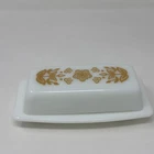 Vintage Pyrex Milk Glass Covered Butter Dish Gold Butterfly Floral