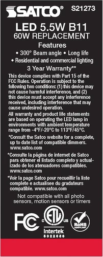 S21273 - LED B11 Candelabra Light Bulb, 5.5W, Warm White, Clear, 120V, E12, 6 Pa - Picture 9 of 9