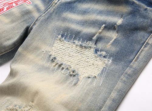 Herren Retro blau Denim Jeans Buchstabe Abzeichen gerissen gerades Bein Stretch Hose Punk - Bild 8 von 11