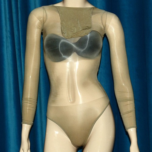 Women 8D Sheer Oil Shiny Pantyhose Long Sleeve Top Closed Hood Bodysuit W/ Mask - Picture 14 of 16