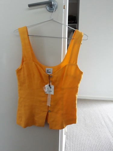 Hi There Karen Walker NWT NEW Linen Daisy Yellow Corset Top 8 Shell Buttons CUTE - Picture 4 of 12