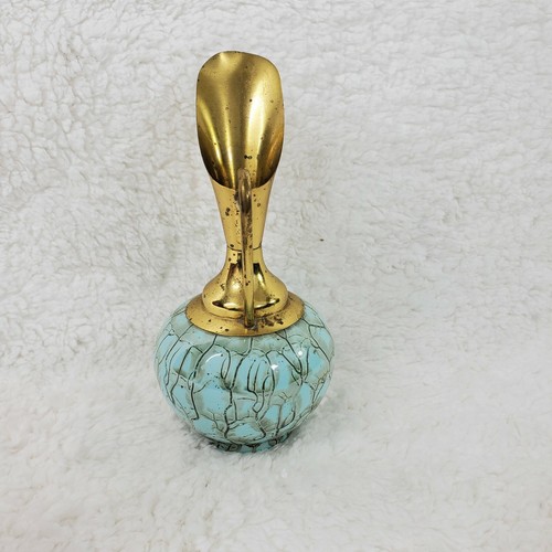 Vintage Delft Holland Teal Porcelain Brass Pitcher Mid Century Vase - Picture 5 of 7