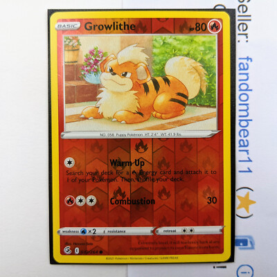 holographic growlithe card Growlithe REVERSE HOLO card 032/264 Sword & Shield Fusion Strike 2021  Pokemon