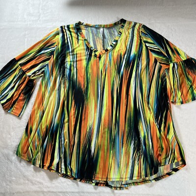 Pink Heart Abstract Stripe Bell Sleeve V-Neck Tunic Top 4XL Multicolor 1016T