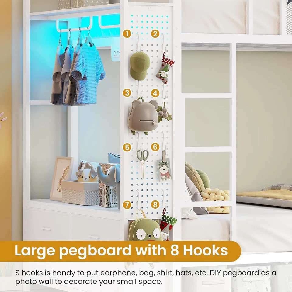 Metal Bunk Bed Twin Over Twin with Hall Tree, 4 Storage Drawers and LED Lights - Image 3 of 4