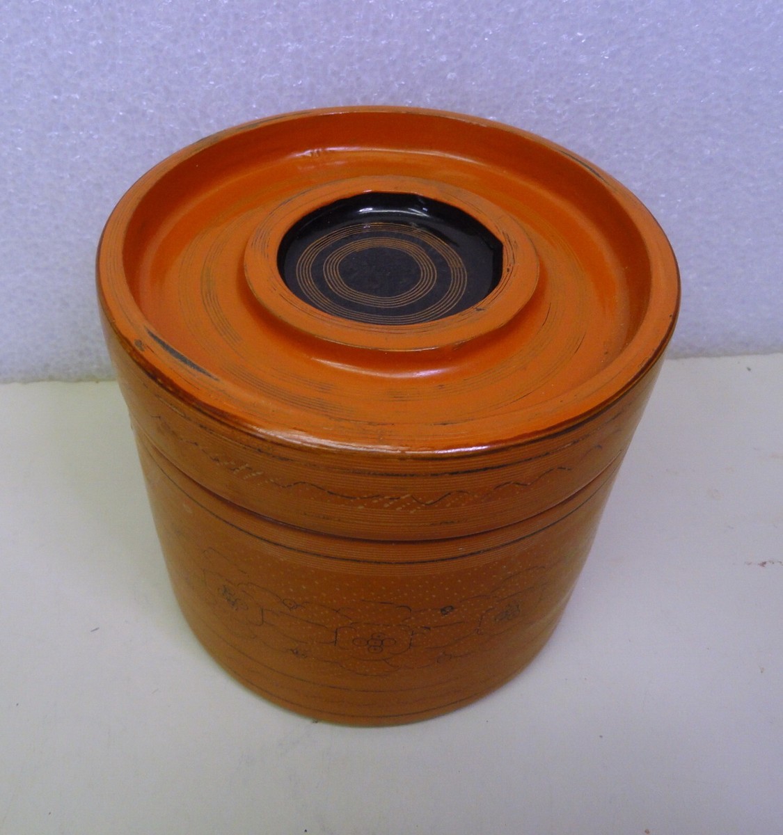 Orange Round Lacquer Burmese Burma Betel Box Piece Set