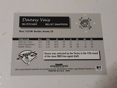 Danny Vais Minnesota Twins 2006 Grandstand Autograph Card #20 READ