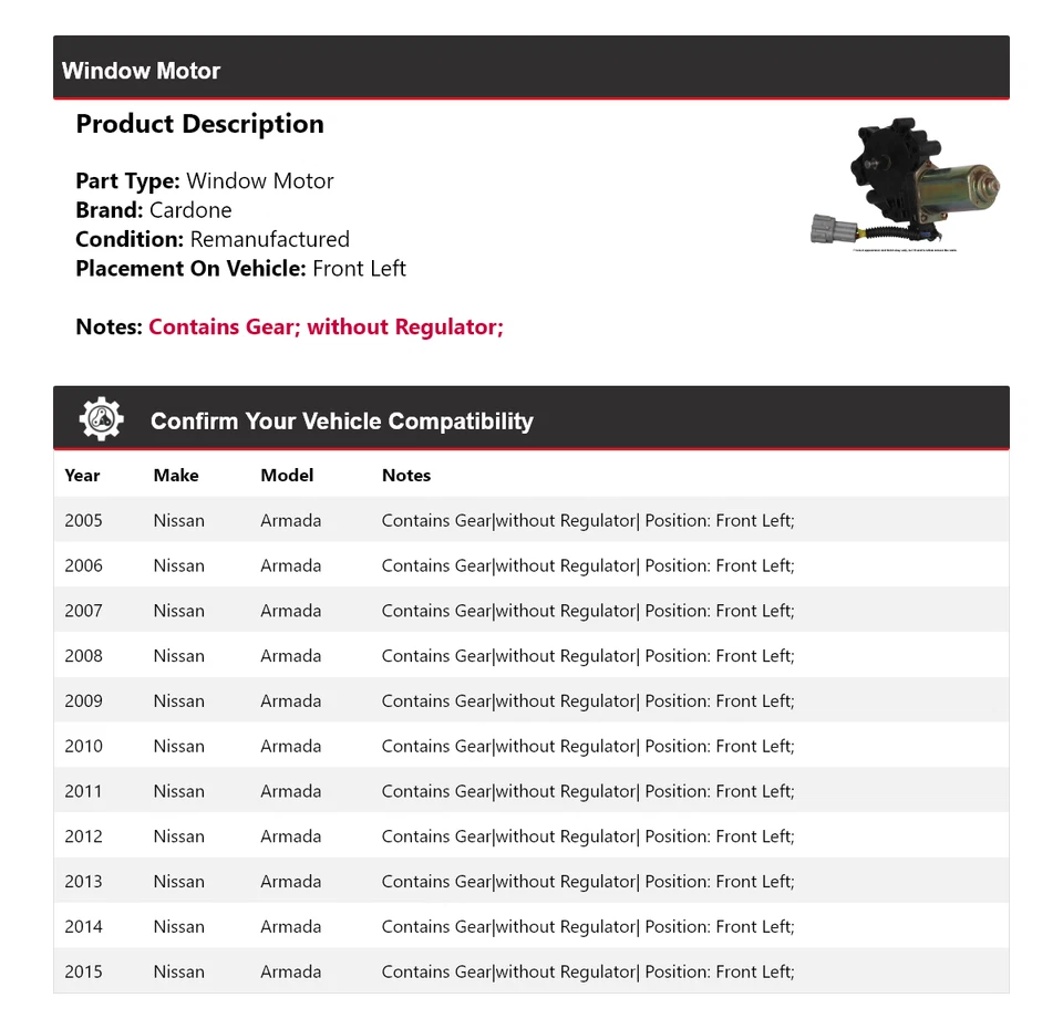 Motor ventana delantero izquierdo cardone 2006 2007 2008 2009 Nissan Armada 2005-2015 Foto 2 de 4
