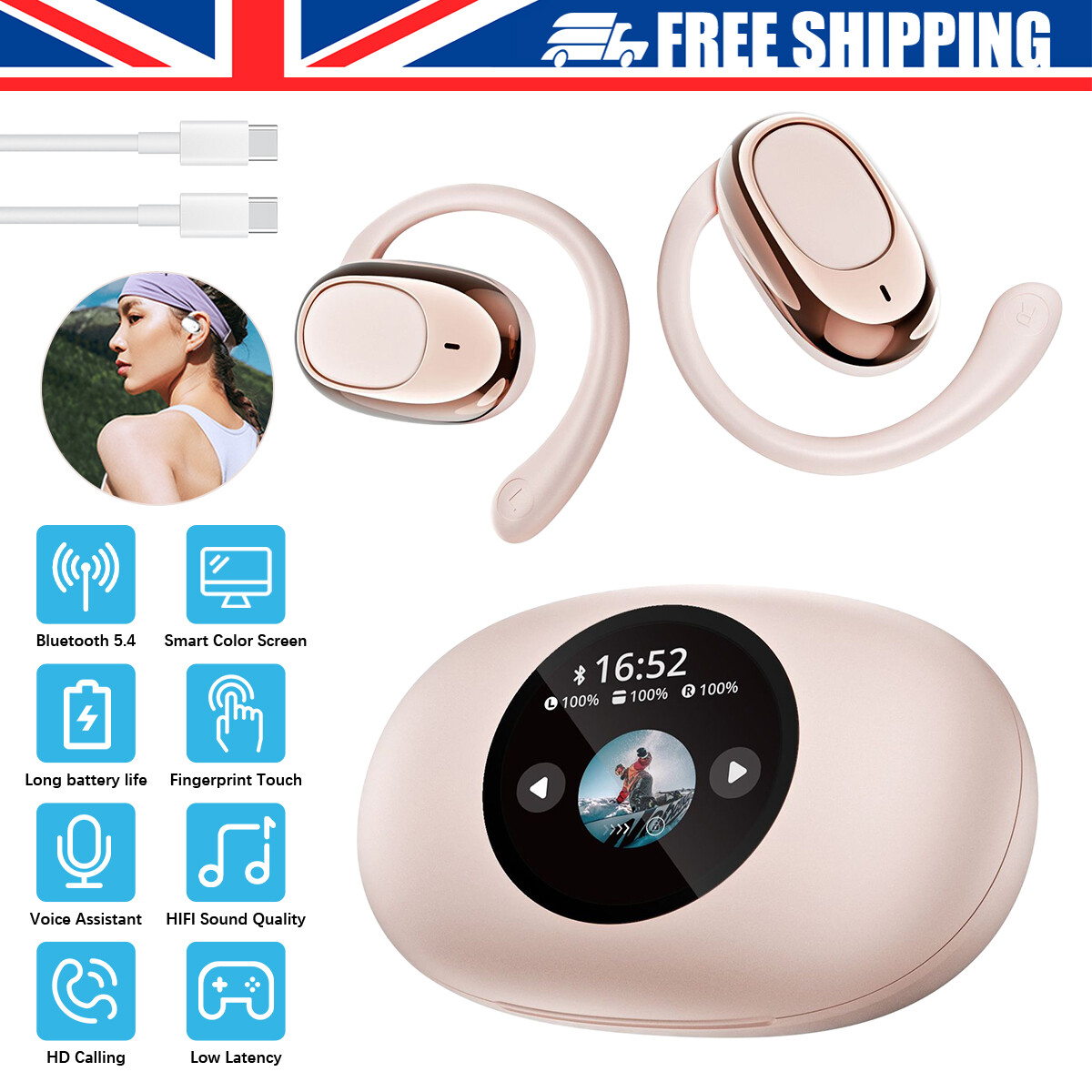 Wireless 5.4 Bluetooth Earbuds OWS Headphones with LCD Touch for All Phones-image